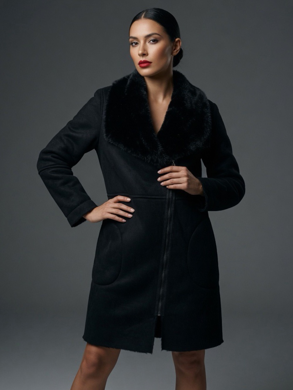 Sz M BB Dakota Black Knee Length Kelson Coat Fuzzy Warm Lining Zip Front